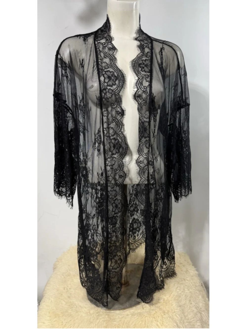 Black Lace Kimono Robe 2XL Sheer Floral Fairycore Boho Lingerie Duster Witchy